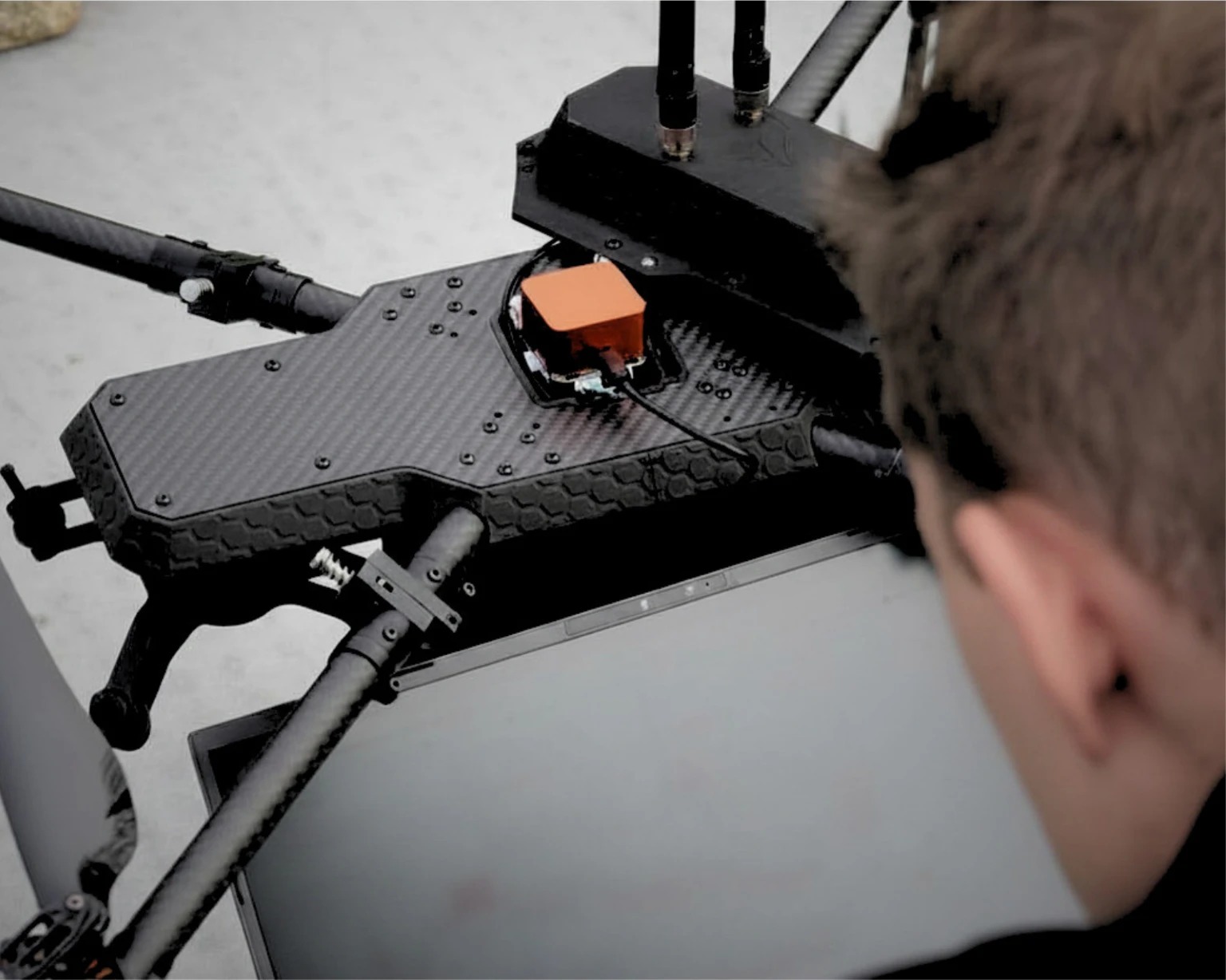 RECCE modular open architecture TCAT RECCE UAV carbon-fibre airframe with modular payload module during field configuration